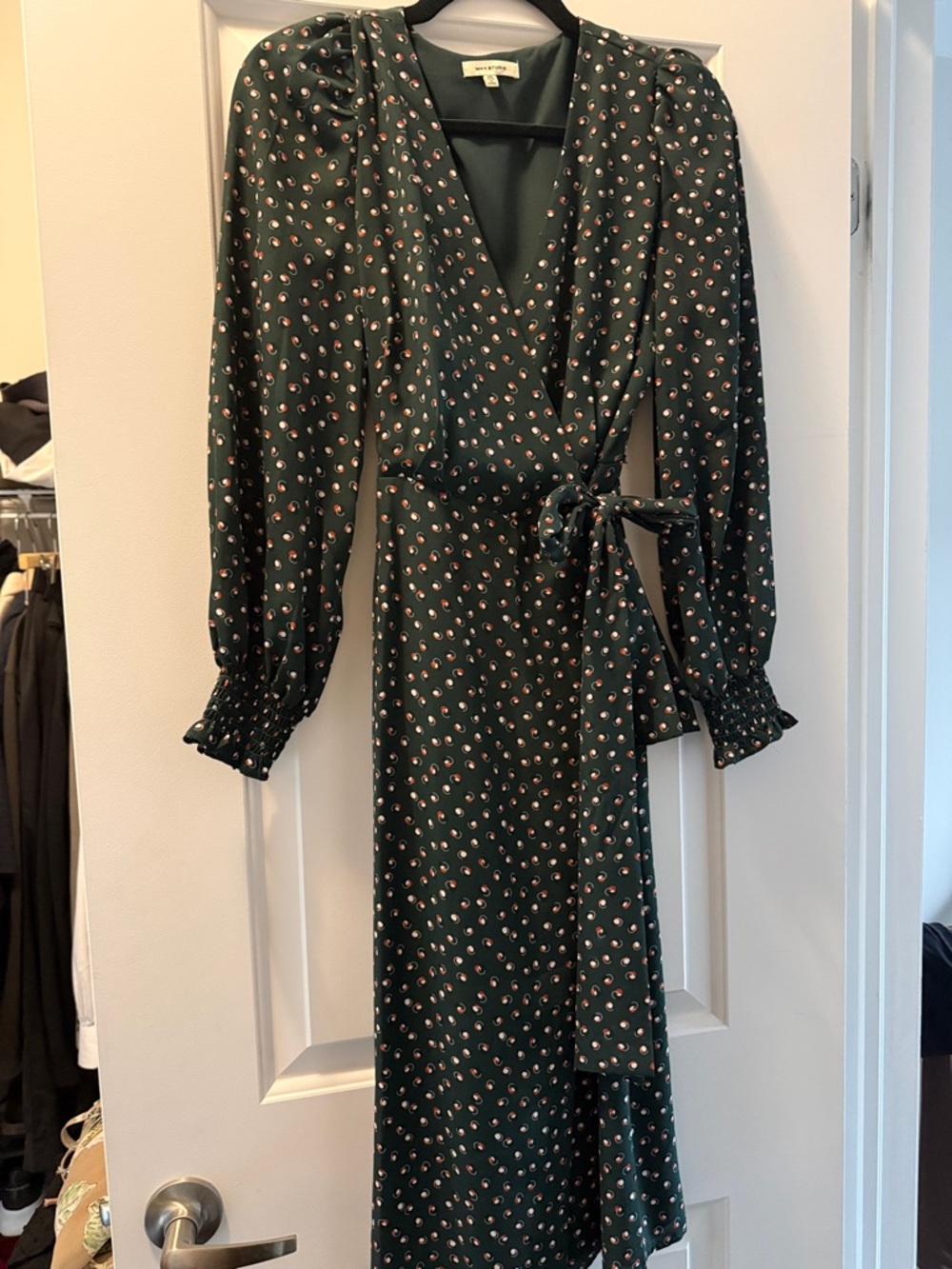 Max Studio Dark Green Floral Wrap Midi Dress with Pink Dot Print